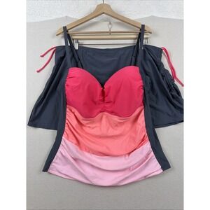 Neon Colorblock Gray Tankini Swim Set Top and Skirt Size XXXL Beach Resort NWOT